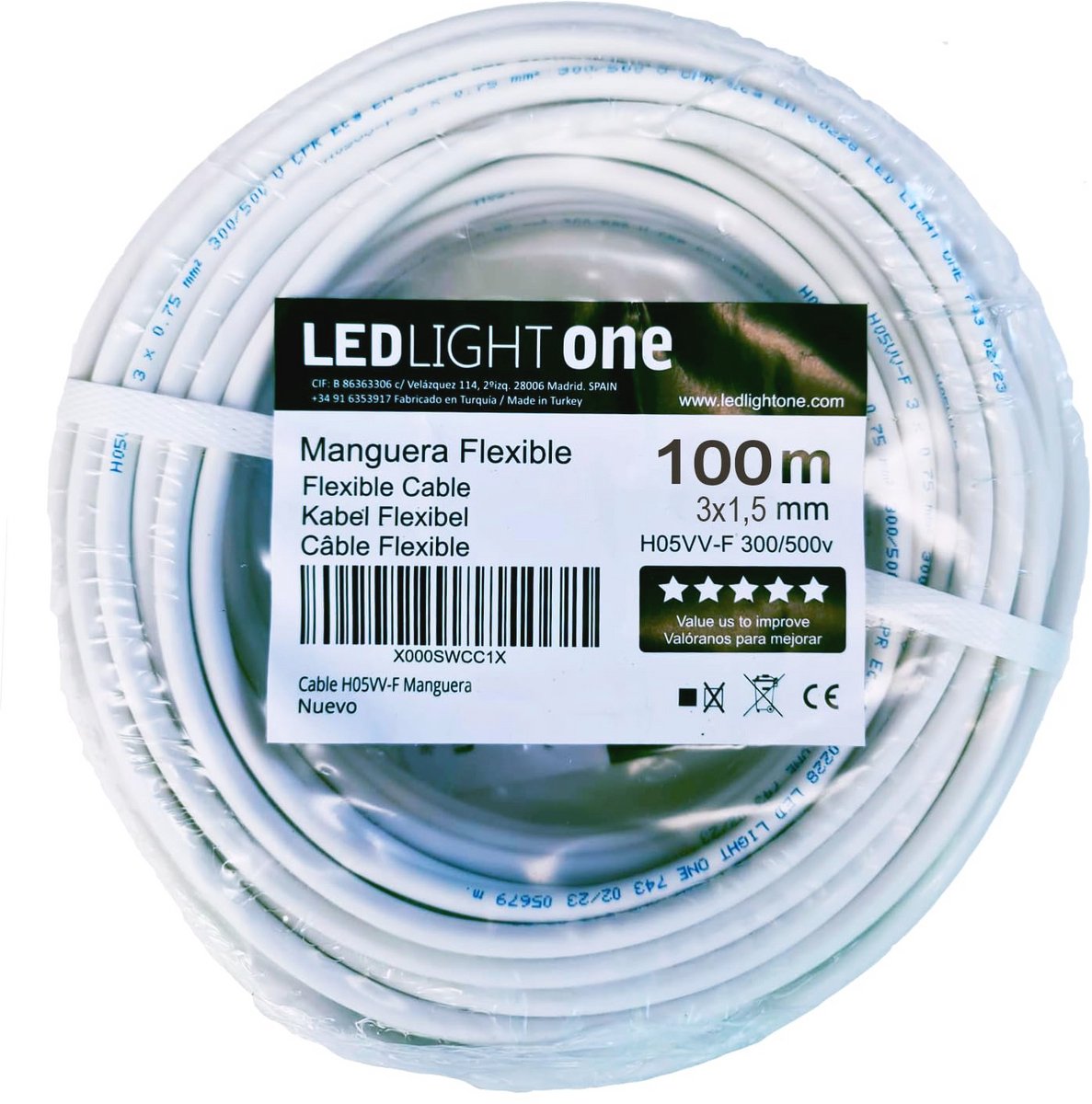 Flexkabel 3x1,5mm 100m wit