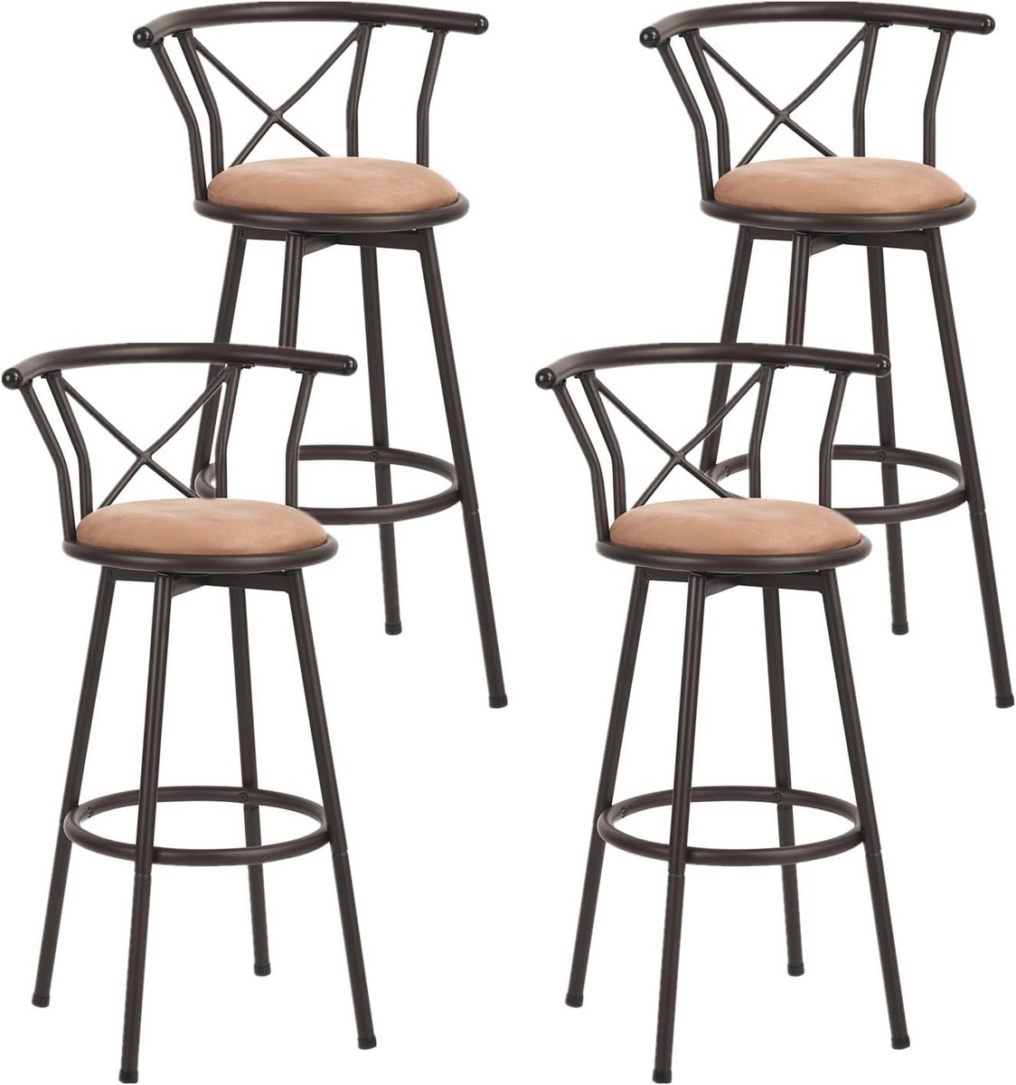 Set van 4 Vintage Barkrukken met Rugleuning en Voetensteun - 360 Graden Draaibaar