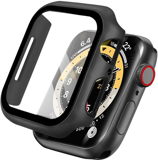 Zwarte smartwatch case met rode ring, voor de helft op de smartwatch geschoven.