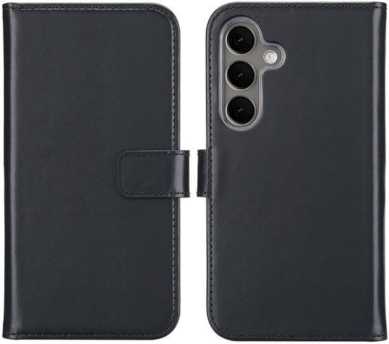 Echt leren bookcase hoesje Samsung Galaxy S25 zwart, 3 pasjes, vak voor briefgeld, magneetsluiting, schokbestendig