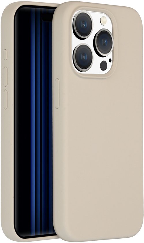 Coque beige pour iPhone avec bords surélevés et découpe pour triple appareil photo, à côté d'un iPhone.