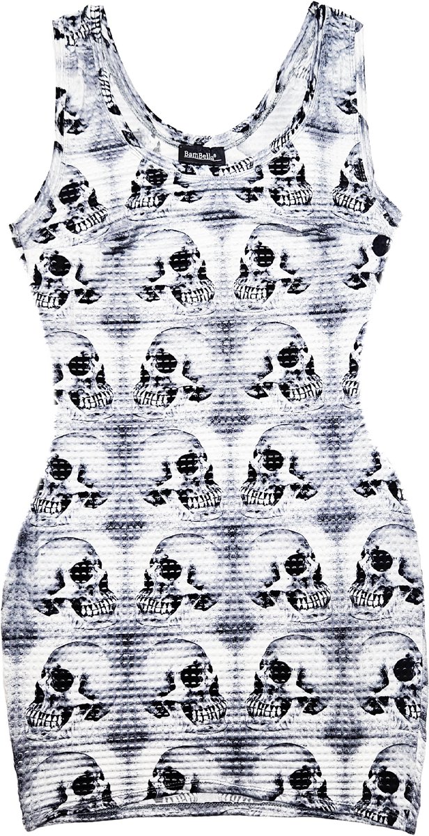 BamBella ® - Jurk - Maat L/XL - Skull Gothic print wit zwart skulls doodshoofd kort mini jurkje grijs
