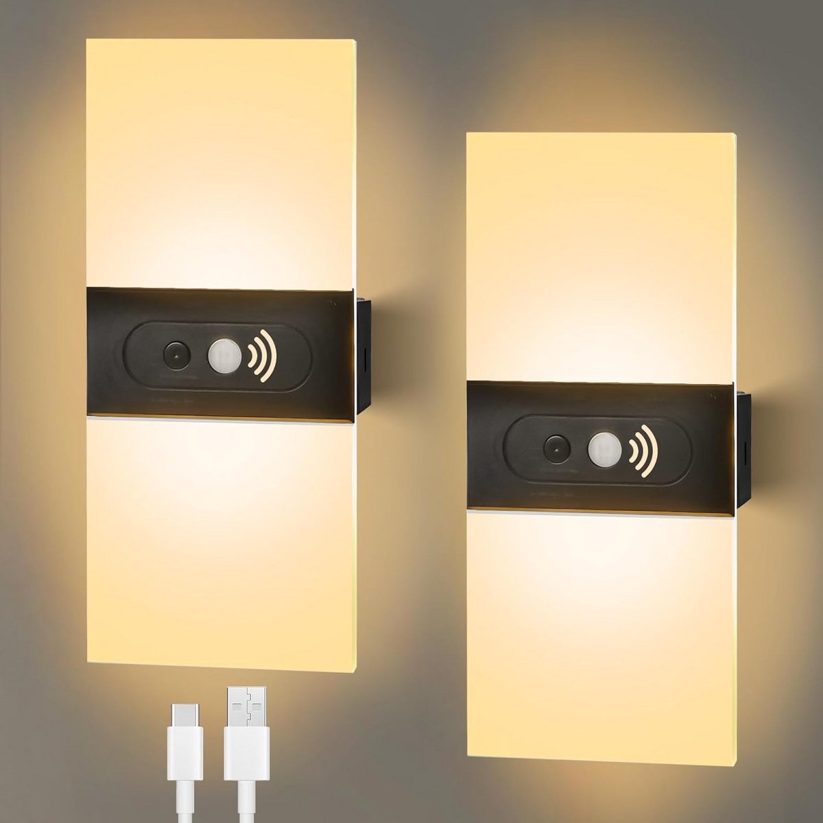 Set van 2 draadloze LED wandlampen met bewegingssensor en schakelaar, USB oplaadbaar voor binnen
