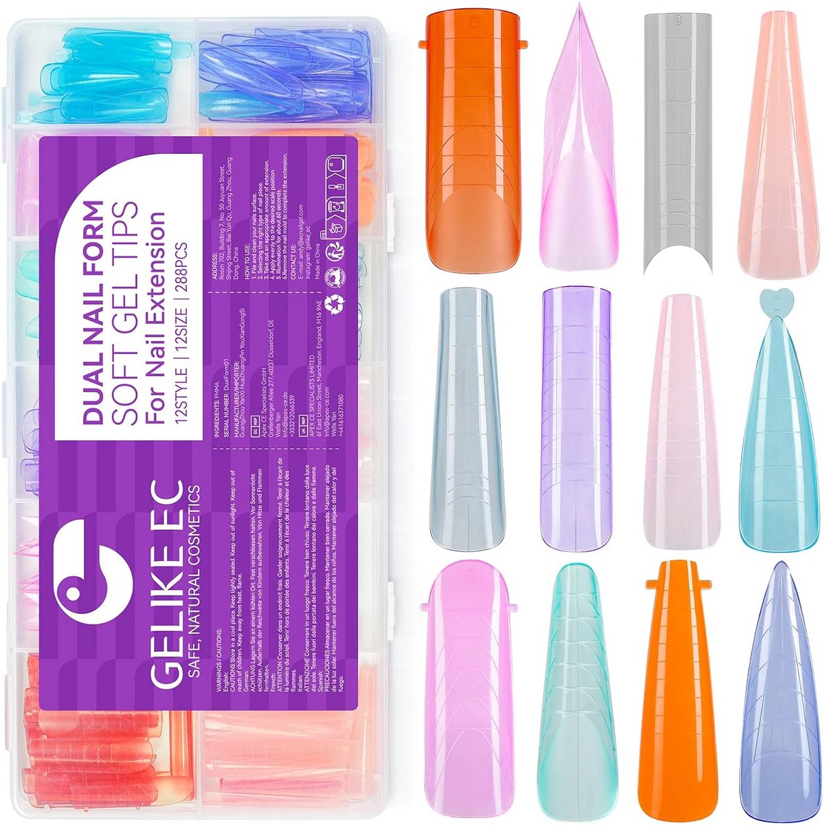 Set van 12 gekleurde nagelvormen voor verlenging en manicure