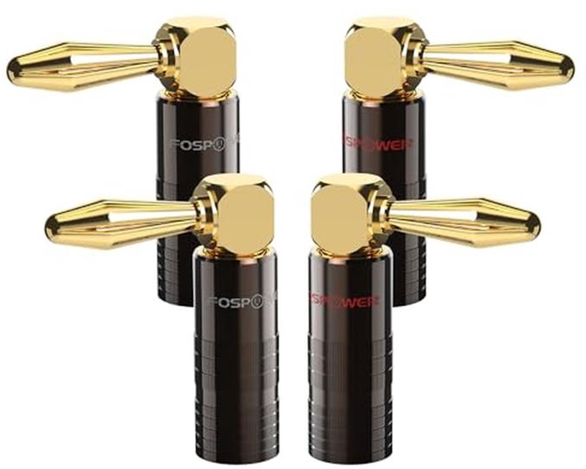 Banana Plugs 2 Pairs | 90 Graden Goud Geplateerd voor Sprekers | Ideaal voor Compacte Ruimtes en Moeilijke Hoeken