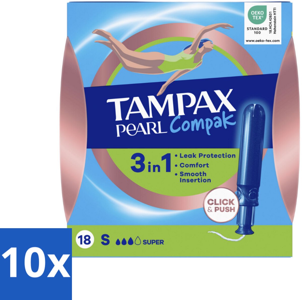 Tampax – Tampons – Pearl Compak Super met Inbrenghuls – 18 Tampons - Bulkverpakking - 10 stuks