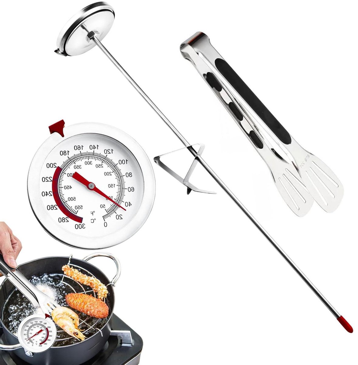 Allecta - Frituurthermometer van roestvrij staal voor braden en koken met voedselclip.