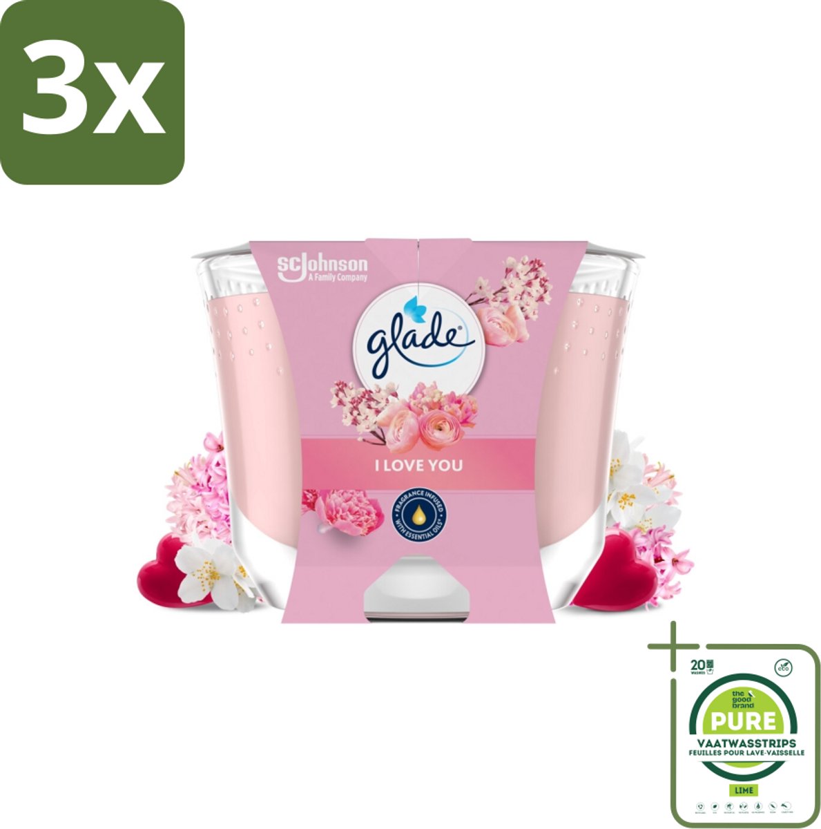 3 x Glade - Geurkaars I Love You - 100% Raapzaadwas - 204 g - Grootverpakking - Geurkaars - Romantische Geur - Bloemen Geur - Perzik Geur - Meloen Geur