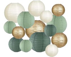 15 Papieren Lampionnen - Ronde Hangende Lantaarns in Saliegroen Eucalyptus voor Tuin en Bruiloft - Eenvoudig Te Installeren