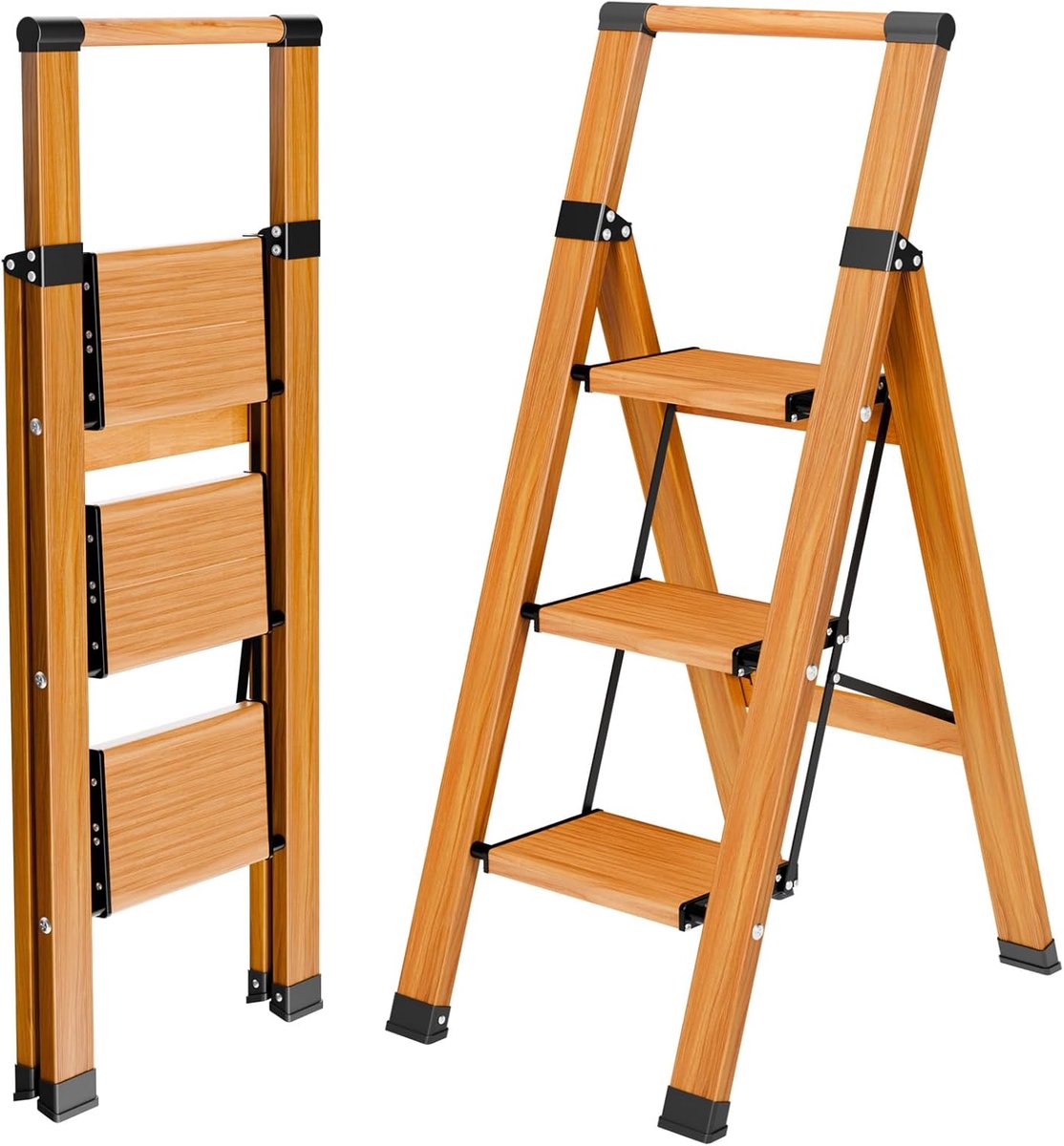 Inklapbare trapladder 3 treden - antislip huishoudladder - multifunctionele ladder - houtnerf - draagbare trapladder - uittrekbare leuning - aluminium vouwladder - belastbaar tot 150 kg Ladder