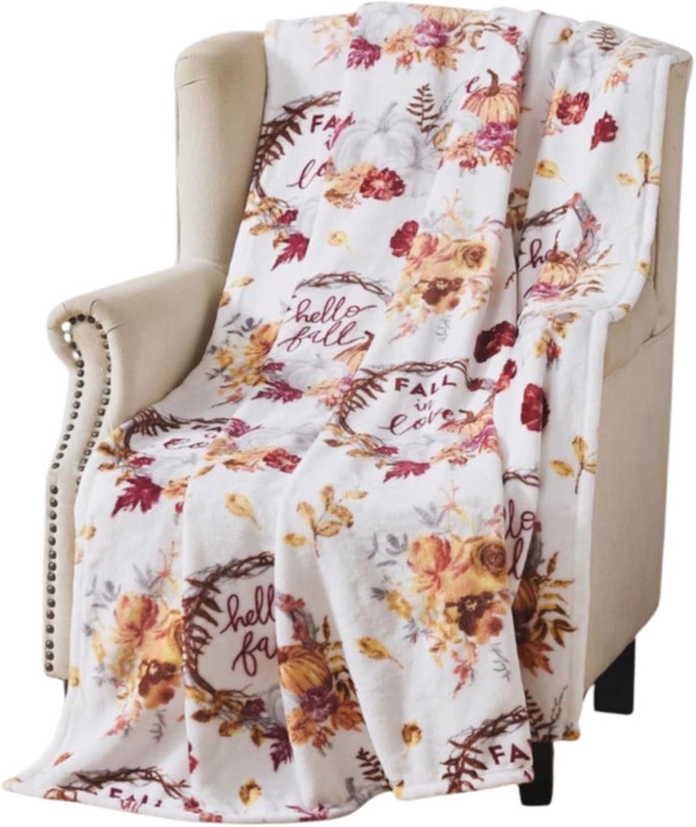 Zachte herfst fleece deken met pompoen en bloemen - 70" x 50"