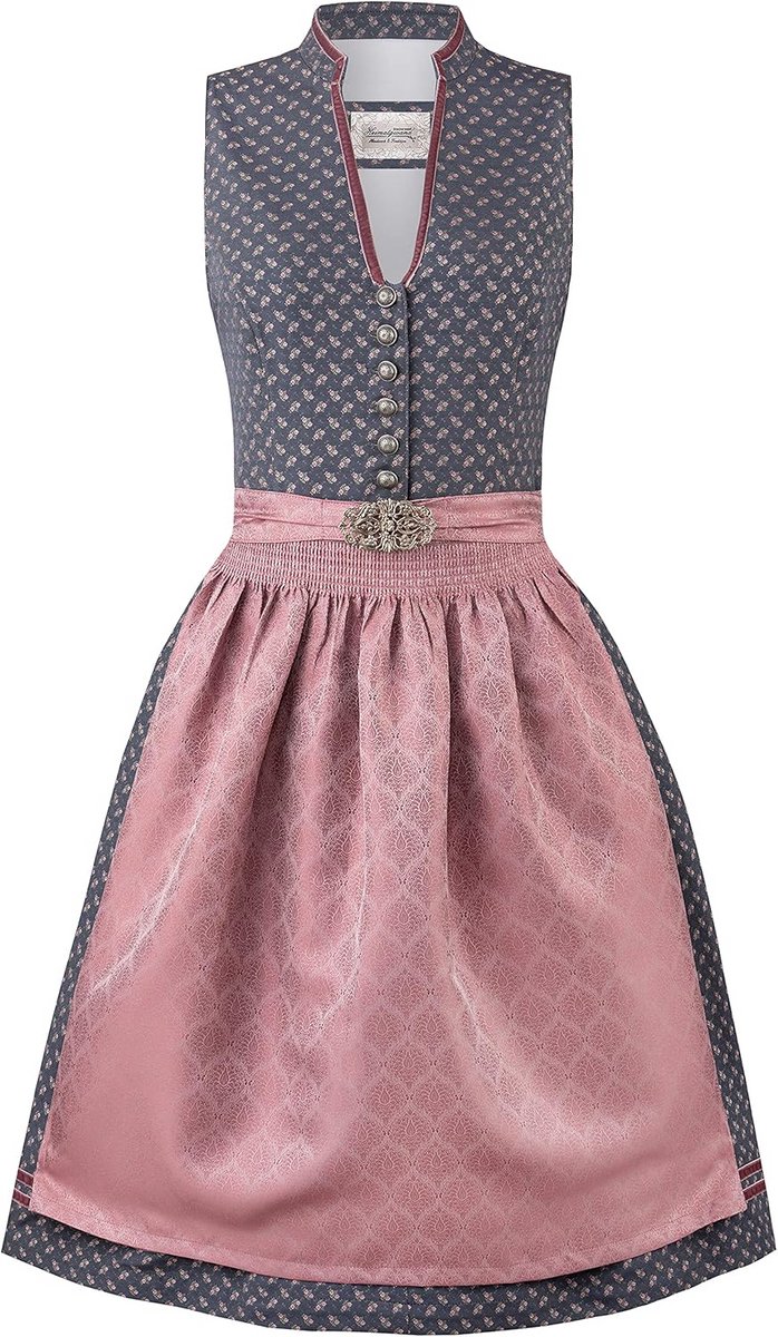 Traditionele Dirndl Jurk voor Dames - Blauw met Hoge Hals en Bloemenpatroon