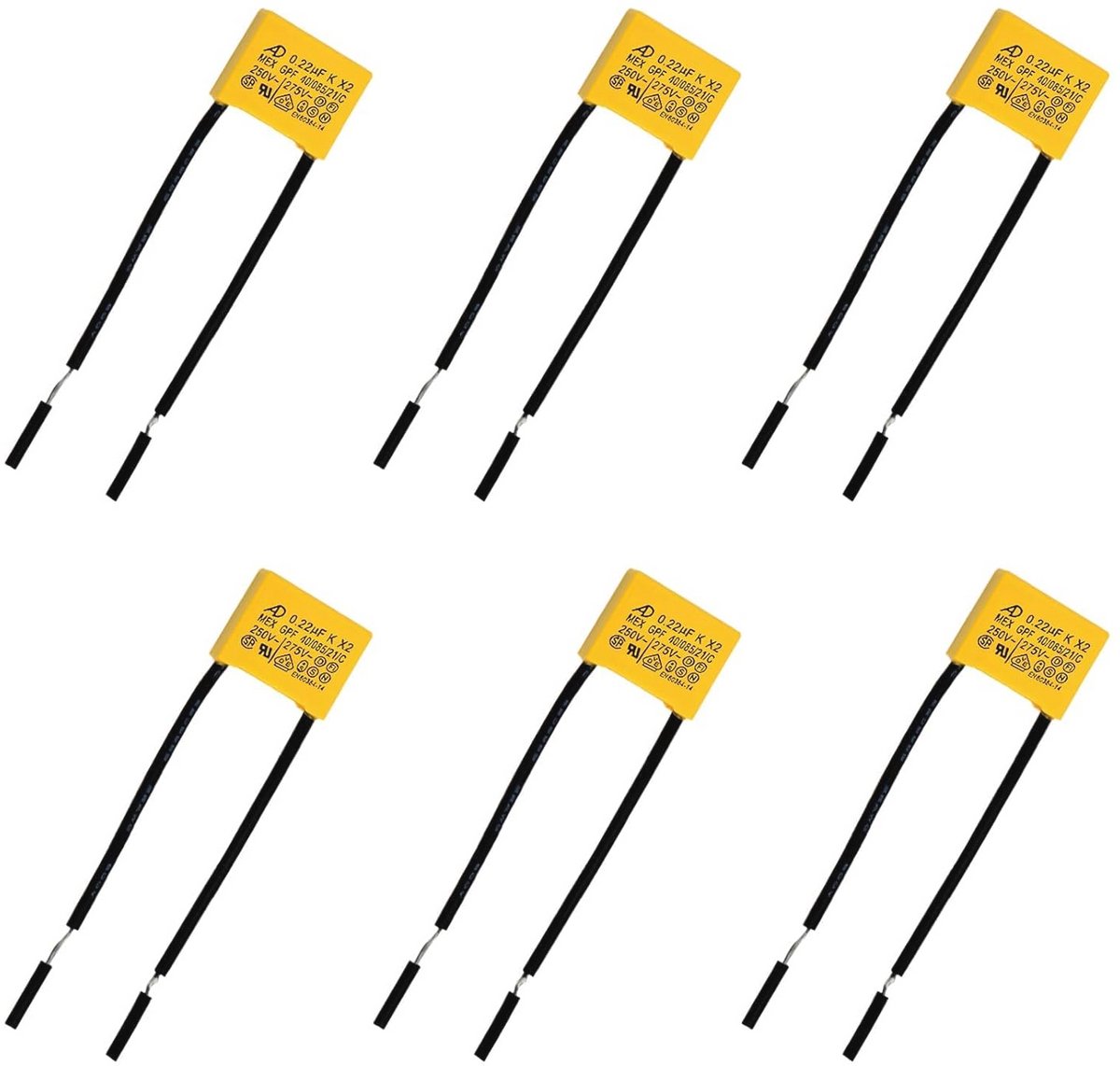 Set van 6 veiligheidscondensatoren 0,22 µF 275 V X2 voor elektronica