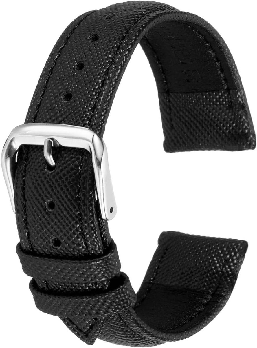 Allecta - Echt leren horlogebandjes 20mm vervanging dunne korrel zwart-zilver elegant heren dames