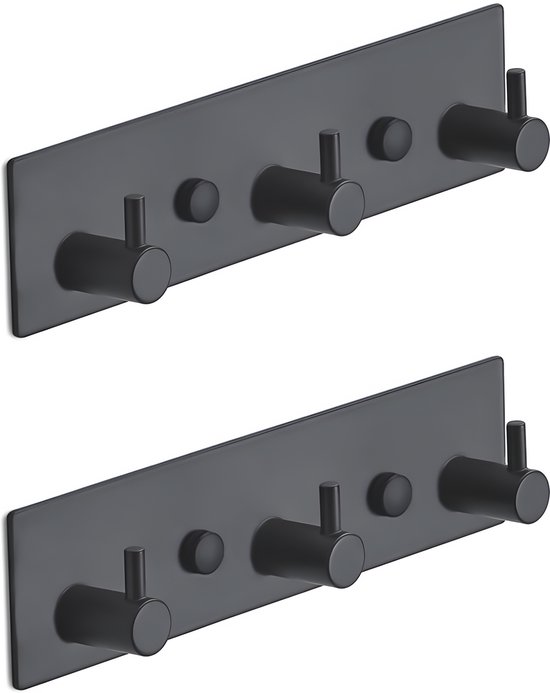 Twee mat zwarte wandkapstokken met elk 3 haken, op een witte achtergrond.