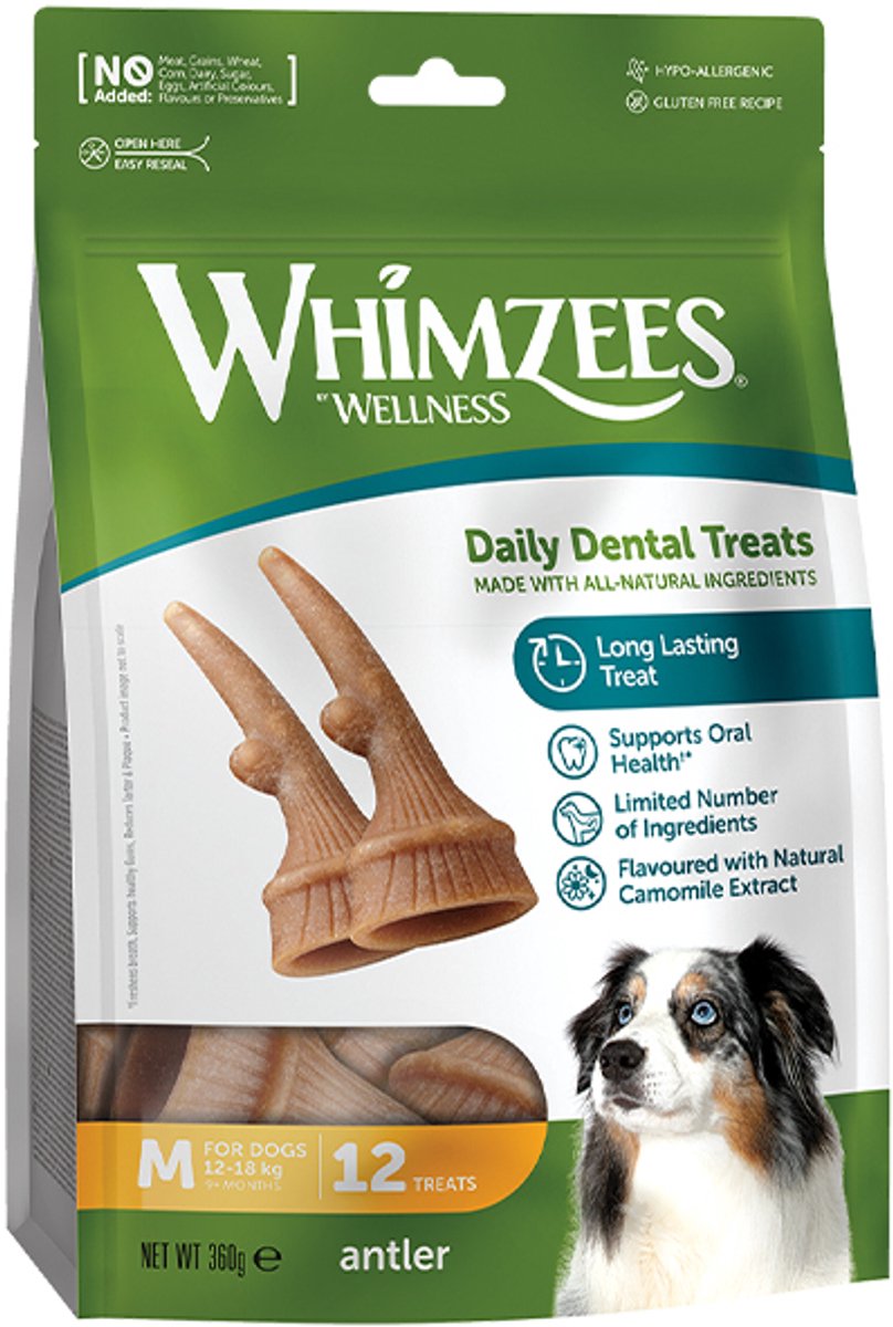 whimzees welness dental daily treats medium 360 gr -12 st - dental care - geen kunstmatige kleurstoffen geen smaakstoffen - natuurlijk lekker