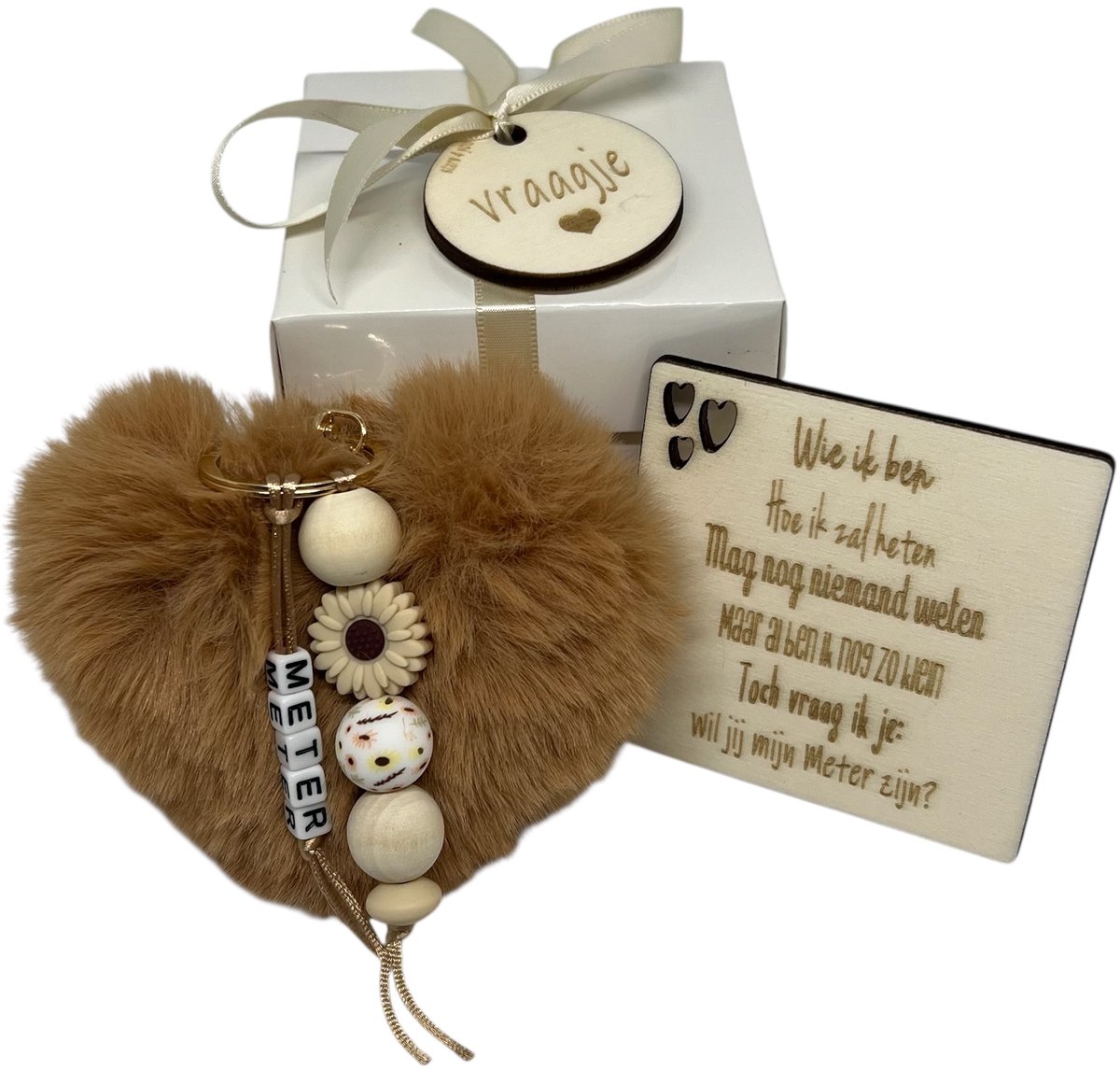 Sleutelhanger Wil je mijn METER zijn? | TAUPE | pompom hartje | meter vragen | meter worden | meter worden | cadeau meter | Doosje met een vraag