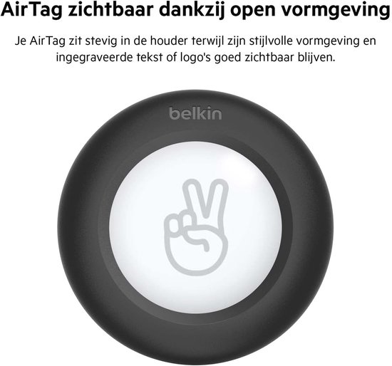 Zwarte Belkin AirTag houder met witte AirTag