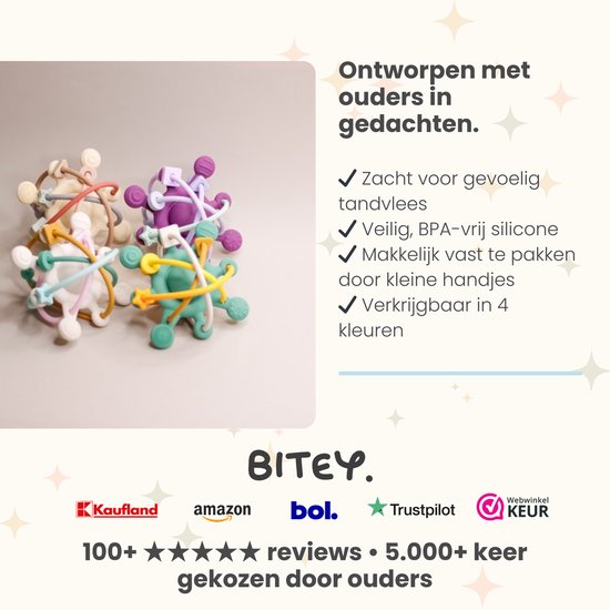 Drie bijtringen in pastelkleuren: beige, lichtroze en paars, met diverse structuren.