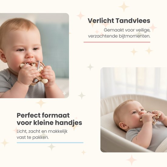 Baby met een beige bijtring in de mond, ideaal voor tandvlees.