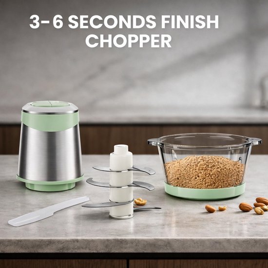 Elektrische Hakmolen - Food Chopper - Mini Keukenmachine - Vleesmolen - Groentehakker - Uiensnijder - Knoflookhakker - Notenmaler - Kruidenmolen - 2L Glazen Kom - 4 RVS Messen - 2 Snelheden - 400W - Veiligheidsslot - Groen — afbeelding 4