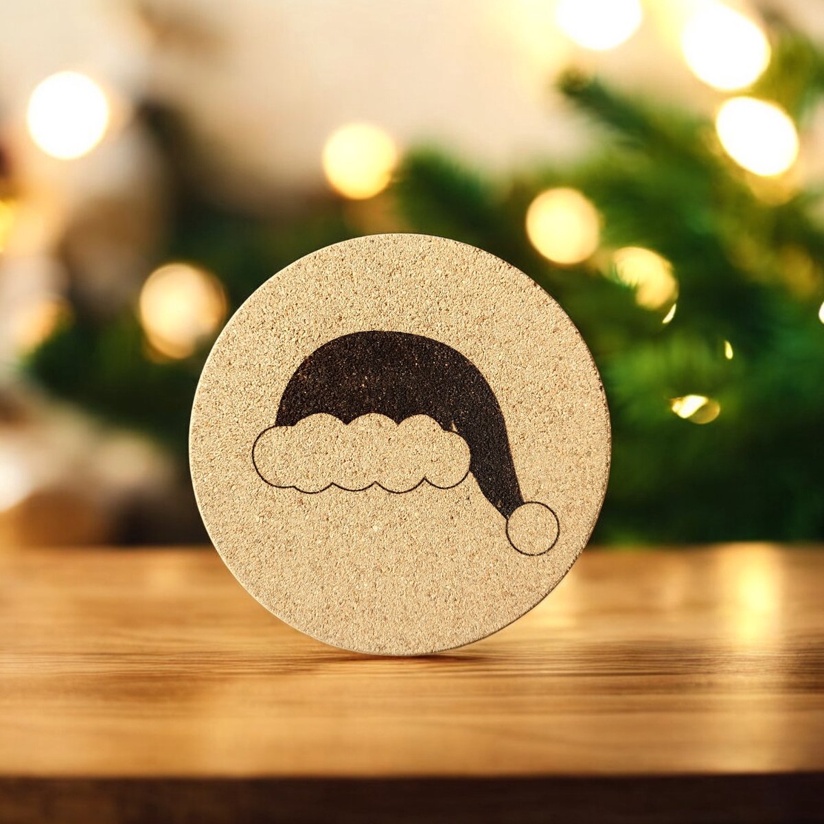 Baardmans Creaties - Pannen-onderzetter kurk rond 17 cm 'Kerstmuts'