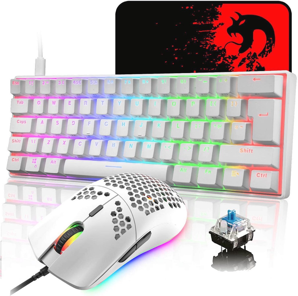 60% Mechanisch Gaming Toetsenbord met RGB Verlichting en Ultralichte Muisset - Bedraad Toetsenbord en Muismat voor PS4/PC