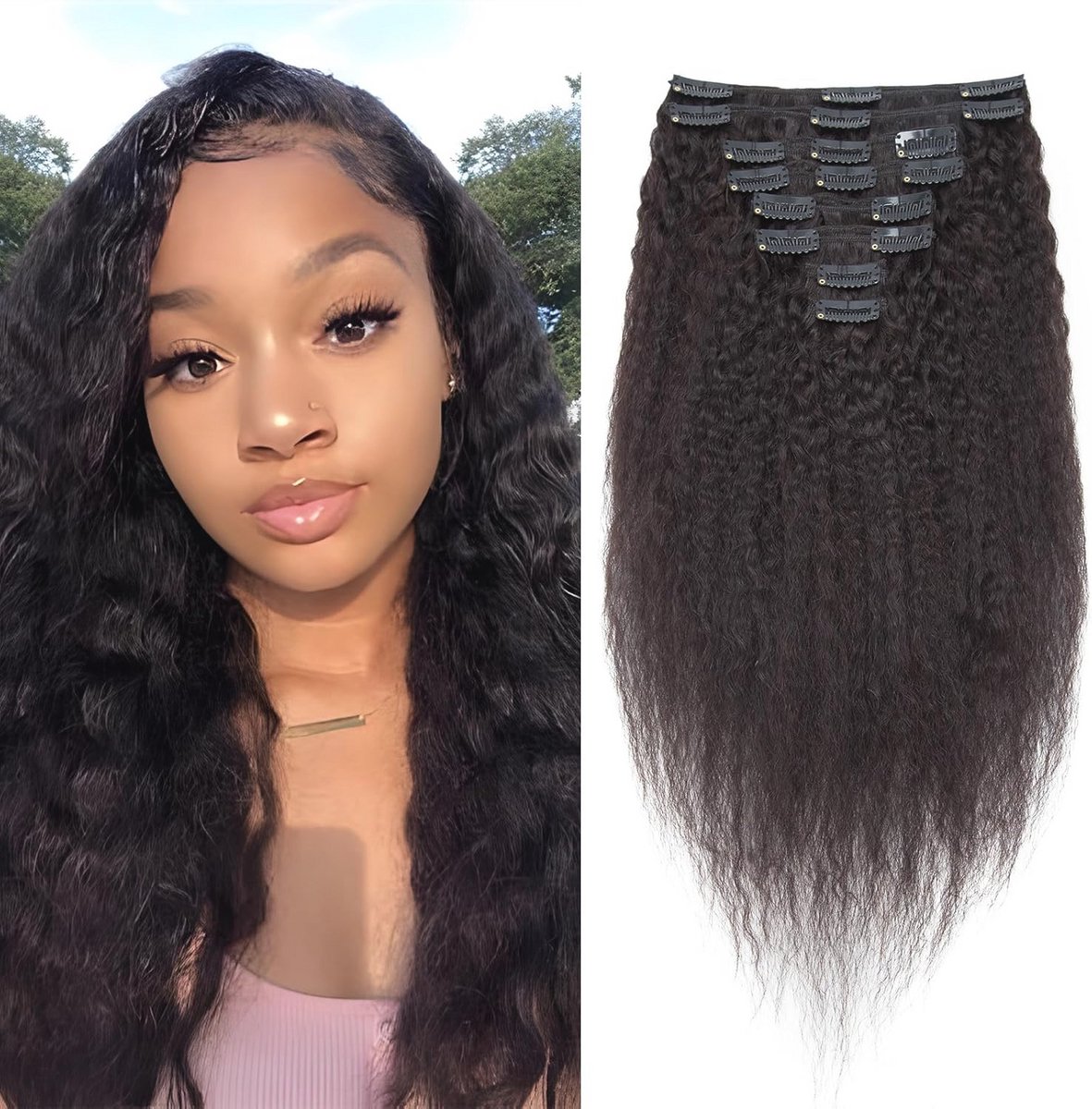 Natuurlijke Kinky Straight Clip-in Haarextensions van Echt Haar - 8 Stukken, 35 cm, 110 g