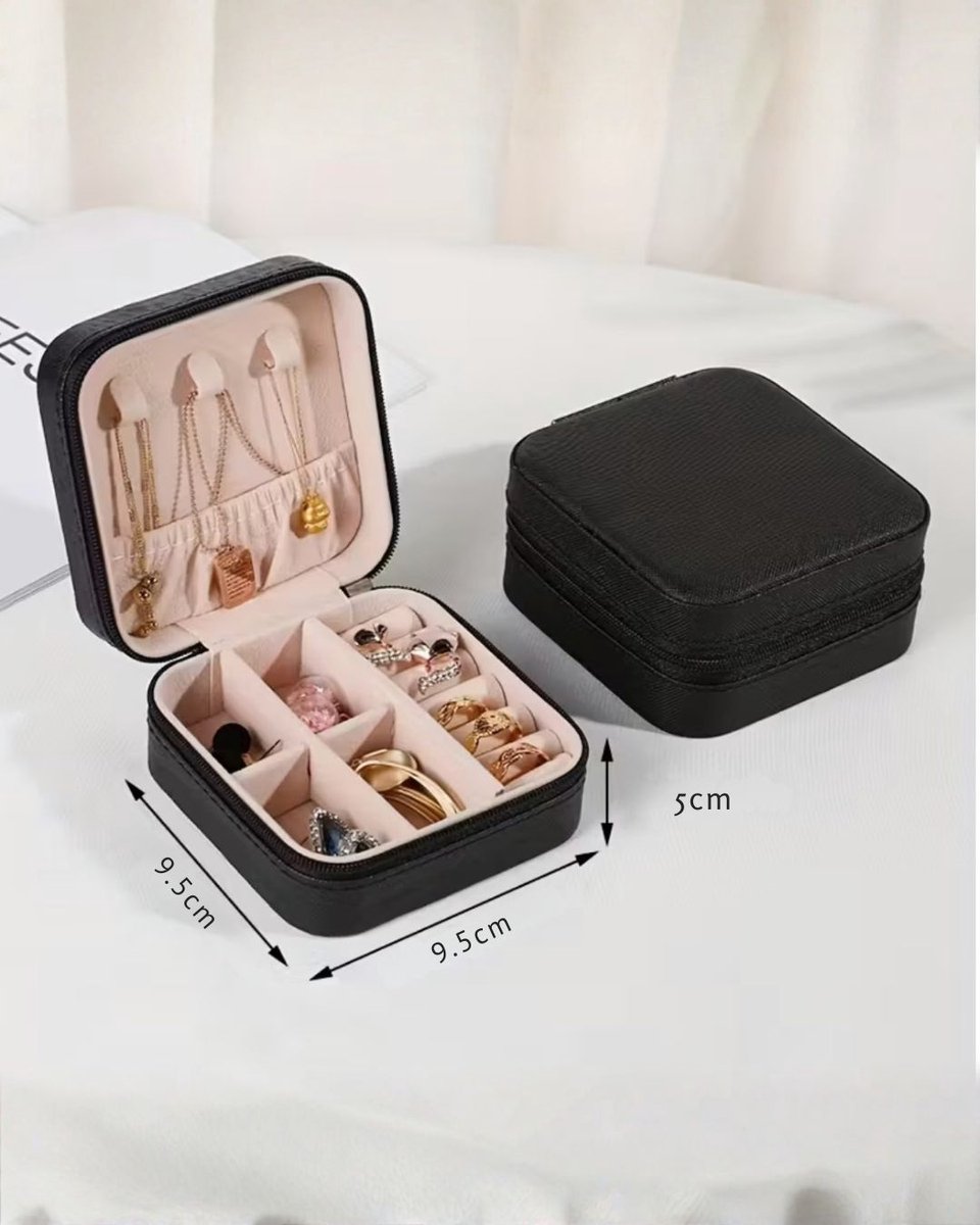 Luxe Sieradendoos – Compact Juwelendoosje met Spiegel & Rits – Reisetui voor Sieraden – Zwart – Fluweel Binnenkant – 15 Compartimenten – Sieraden Opbergbox voor Ringen, Oorbellen, Kettingen & Horloges