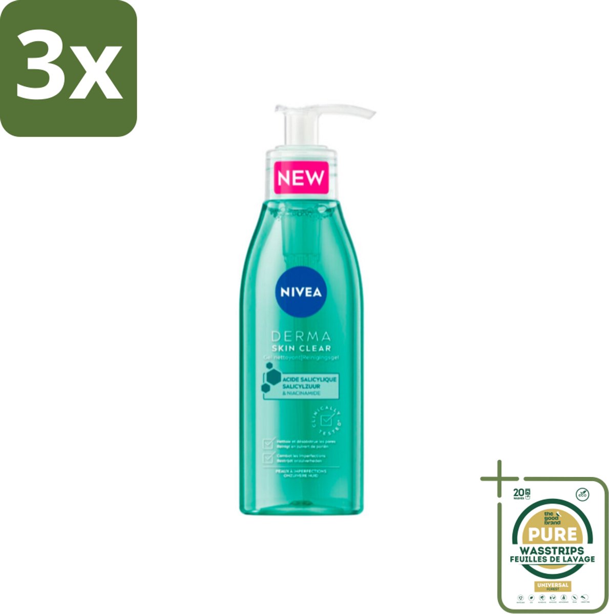 3 x NIVEA - Reinigingsgel - DERMA Huidzuiver - Voor onzuivere huid - Met Salicylzuur (AHA) & Niacinamide - Tegen Acne & Mee-eters - 150 ml - Grootverpakking - Acne - Puistjes - Onzuivere Huid - Reinigingsgel - Salicylzuur