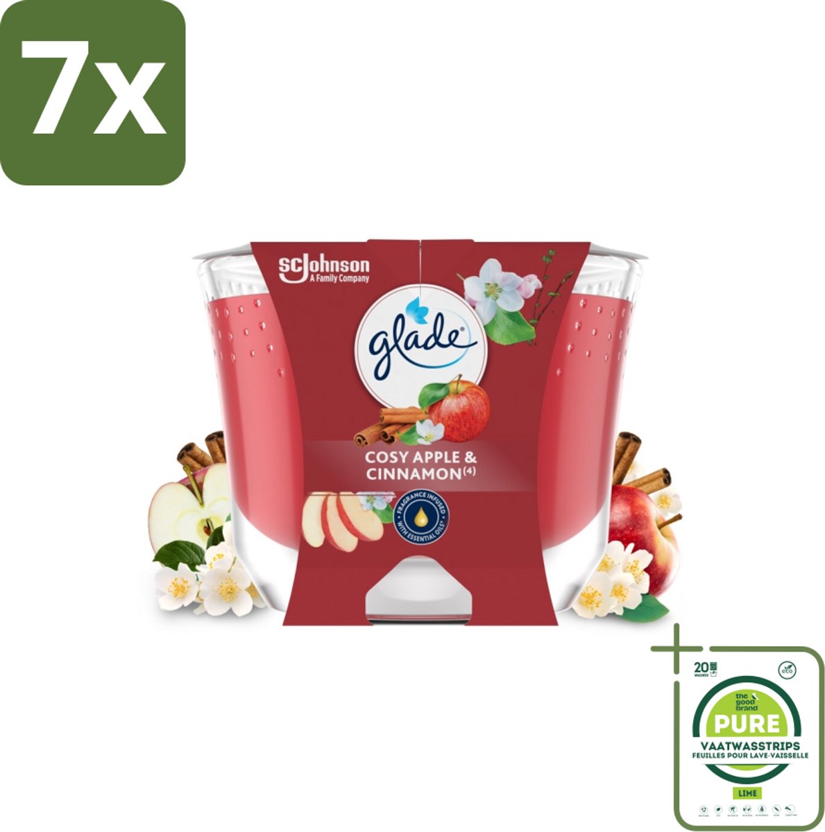 7 x Glade - Geurkaars Appel Kaneel - 100% Raapzaadwas - 204 g - Grootverpakking - Geurkaars - Vegan - Appelgeur - Kaneelgeur - Natuurlijke Geur