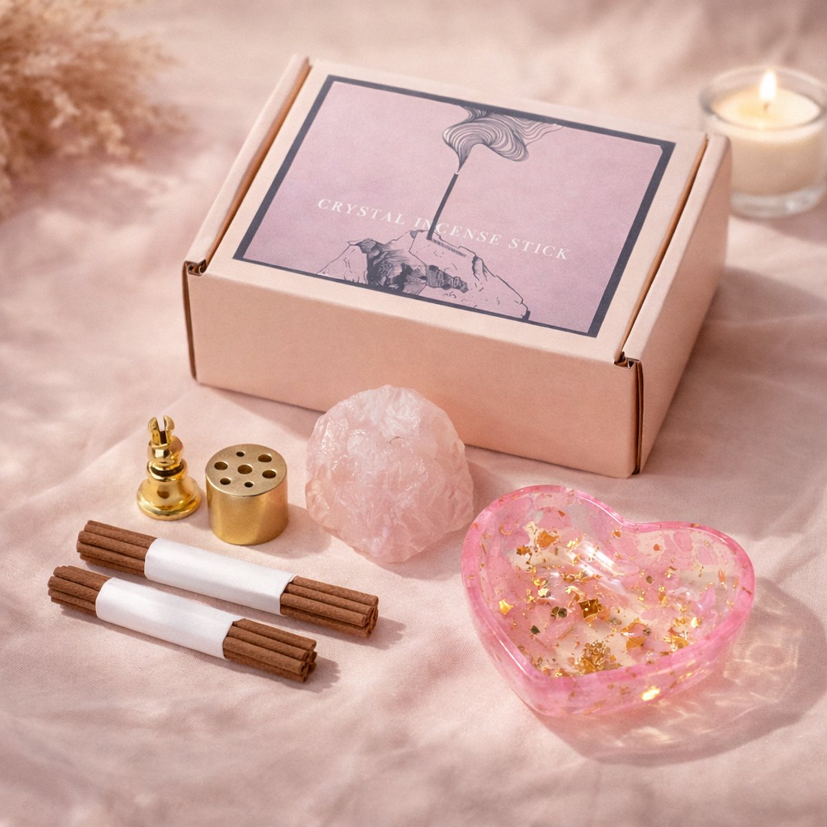 S4H - Rose Quartz Crystal Incense Set – Liefde & Ontspanning – Rozenkwarts Edelsteen – Wierookhouder & Wierookstokjes – Spirituele Cadeauset