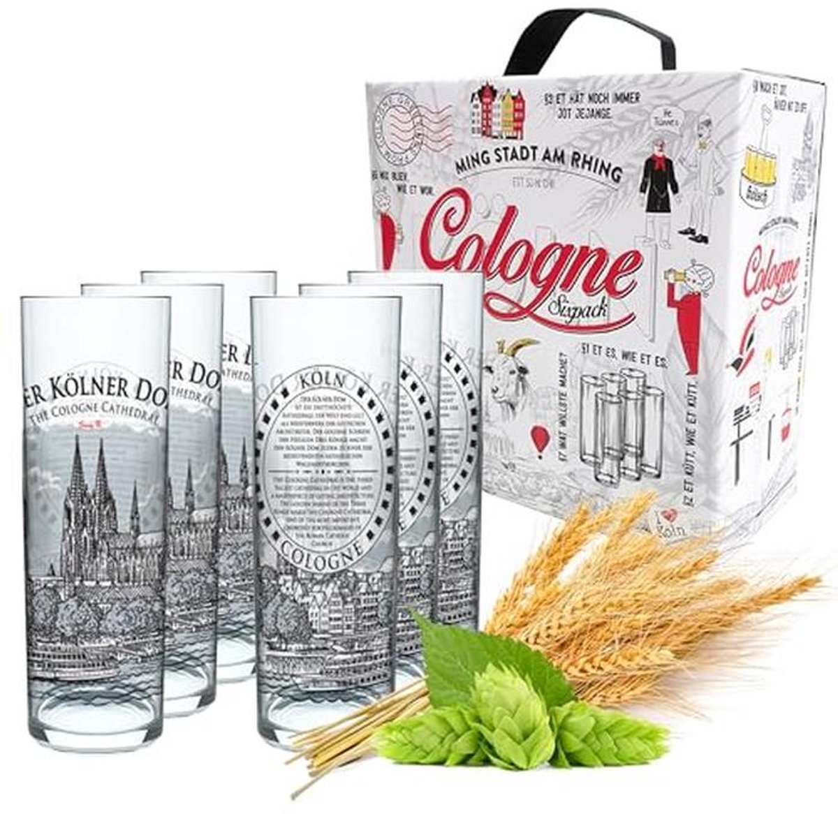 Kölschglas Set van 6 Glazen 0,2L met Illustratie van Keulen - Bierglazen voor Genieten