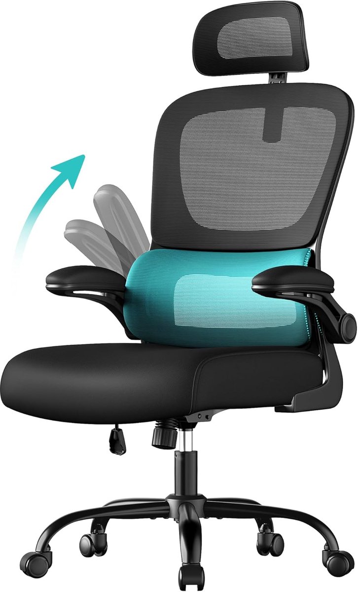SONGMICS Bureaustoel, Ergonomische Mesh Stoel voor Bureau, met Dubbellaags Ademend Mesh Stof, Dynamische Lendensteun, Verstelbare Hoofdsteun, voor Thuiskantoor, Inkt Zwart OBN041B01
