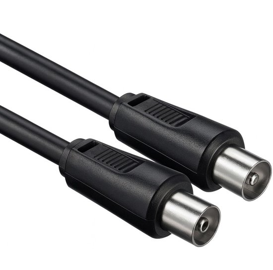 Zwarte coaxiale kabel met twee mannelijke connectoren, dichtbij gefotografeerd.