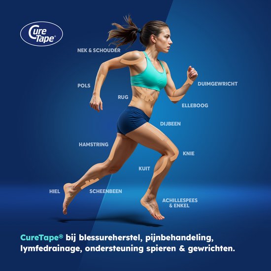 Vrouw in sportkleding rent, met beige CureTape aangebracht op spieren en gewrichten. Labels geven locaties aan.