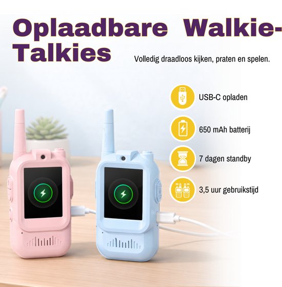 Talkie-walkie Vidéo Pour Enfants – Rechargeable USB-C – Portée 150-300m – Effet Vocal – Rose Et Bleu – Dès 3 Ans