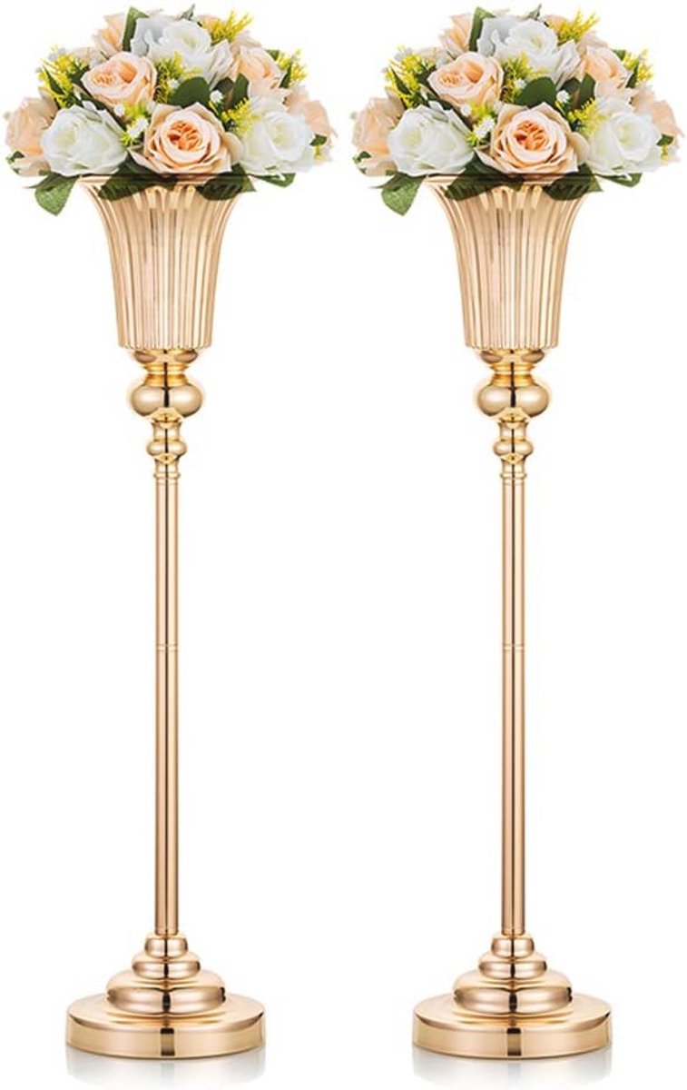 Nuptio 2Pcs Metal Wedding Centerpieces Vase for Table, Silver Trumpet Vase 68cm High, Road Lead for Wedding Dinner Centerpiece for Anniversary Ceremony Birthday Aisle Home Decoration
