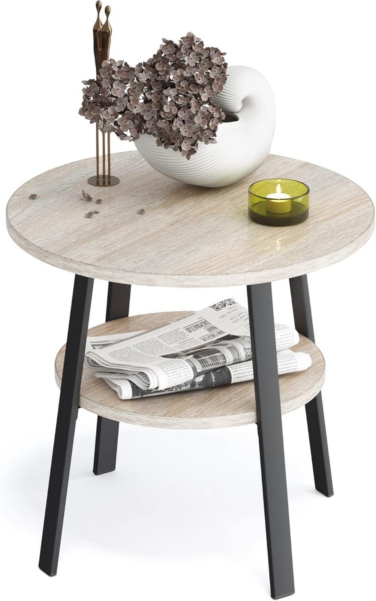Ronde Bijzettafel met Stabiel Metaal en Hout – Ø 43xH 44 cm, 2 Planken voor Woonkamer en Slaapkamer