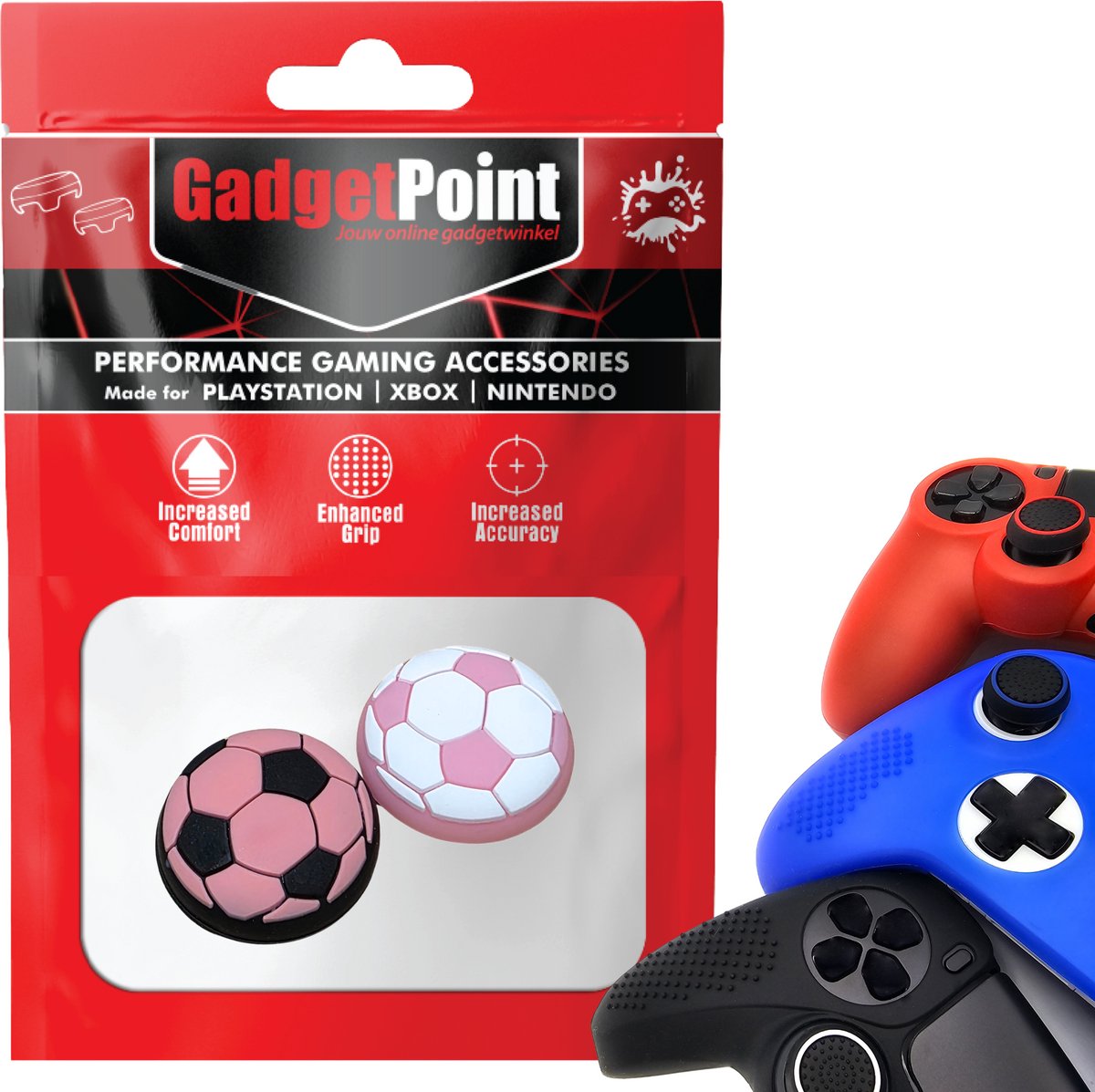Gadgetpoint - Thumb Grips voor PlayStation, PS5, Xbox X/S, One & Switch Pro Controller - Gaming Thumbgrips - Performance Anti-Slip Thumbsticks - Bescherming Accessoires - Voetbal - Roze Zwart Wit