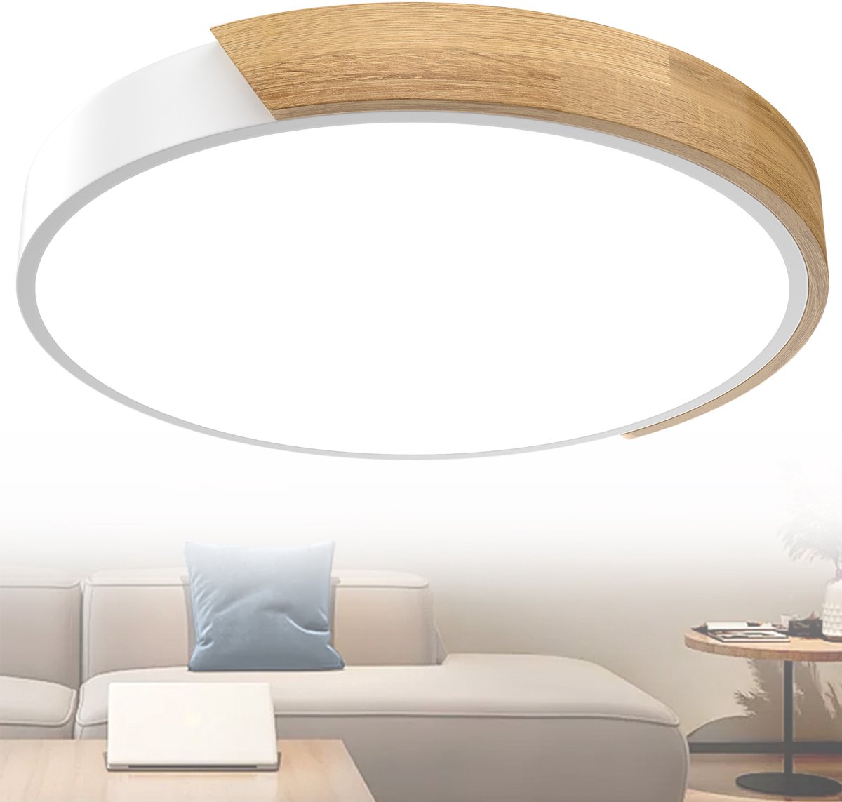 Plafondlamp hout LED-plafondlamp hout Moderne plafondlampen Ronde lampen Platte lampen Woonkamerlamp Slaapkamerlamp Lamp hout voor hal Keuken Lounge Balkon - Wit frame - 60W Koud wit