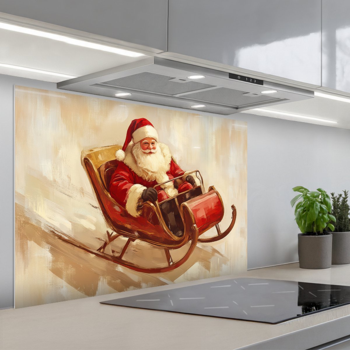 Spatscherm 80x55 cm - Zelfklevende achterwand Kerst - Slee - Kerstman - Keuken muurbeschermer - Spatwand fornuis