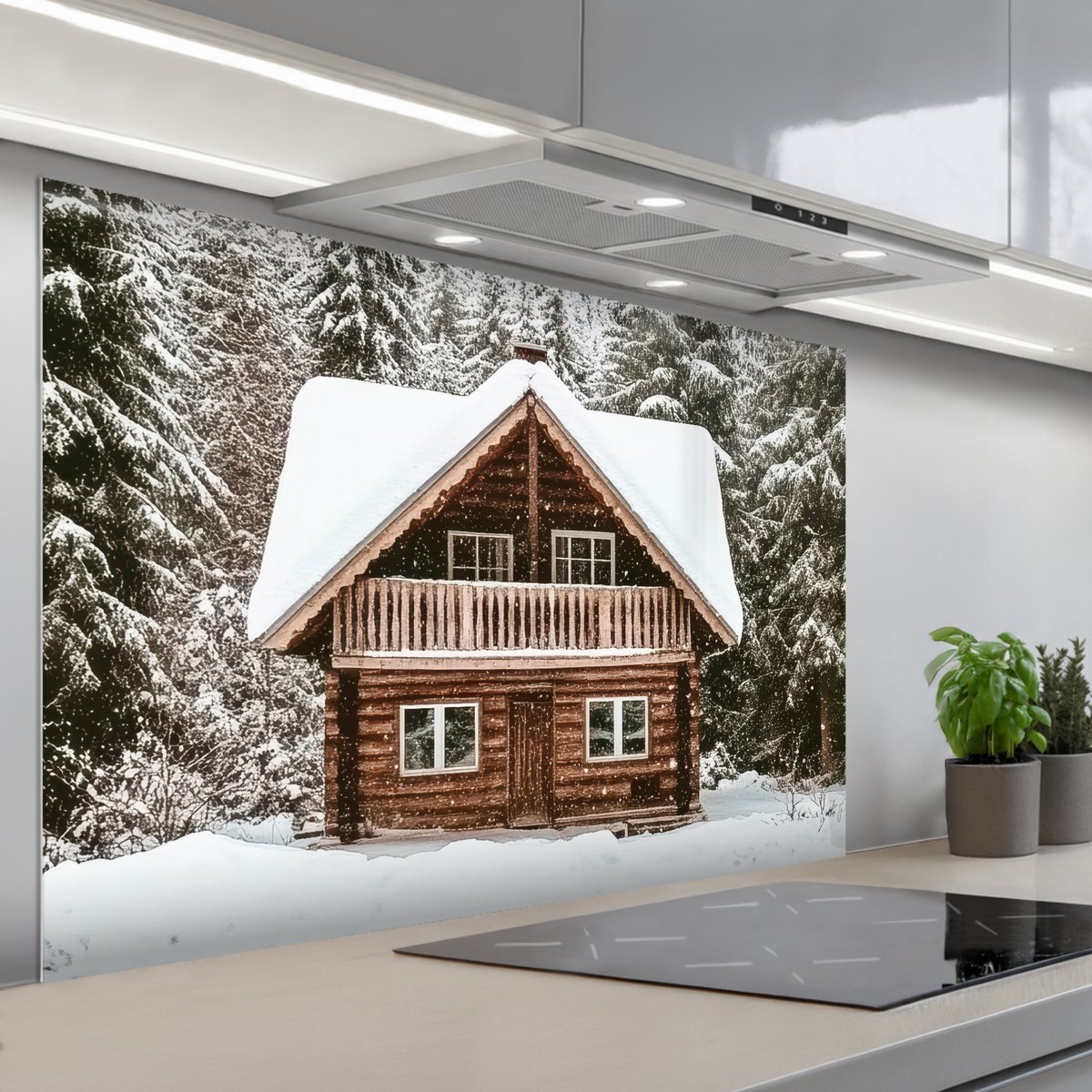 KitchenYeah Spatscherm 120x80 cm Zelfklevende achterwand Huis Bos Winter Natuur Sneeuw Keuken muurbeschermer Spatwand fornuis