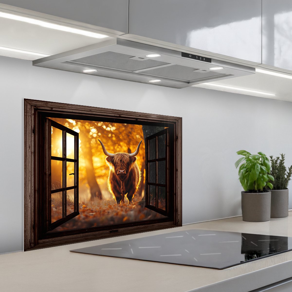 Spatscherm 70x50 cm - Zelfklevende achterwand Schotse hooglander - Bos - Herfst - Dieren - Natuur - Bladeren - Doorkijk - Keuken muurbeschermer - Spatwand fornuis