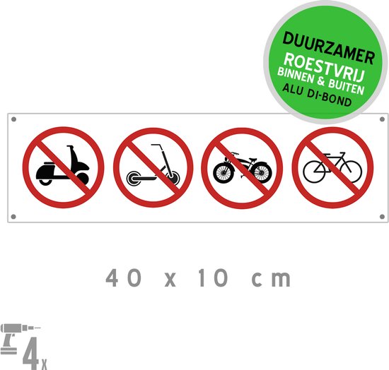 Verbodsbord fietsen fatbikes steps snorfietsen 40×10 cm roestvrij duurzaam aluminium dibond