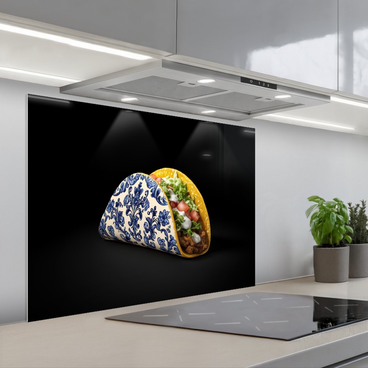 Spatscherm 80x60 cm - Zelfklevende achterwand Taco - Vlees - Salade - Delftsblauw - Motief - Keuken muurbeschermer - Spatwand fornuis