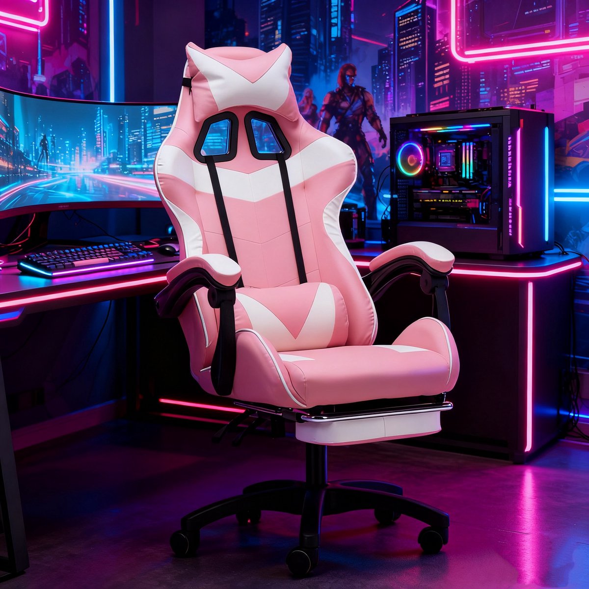 Gotatee Ergonomische Gamestoel Met Lendensteun Wit-Roze - afbeelding 3
