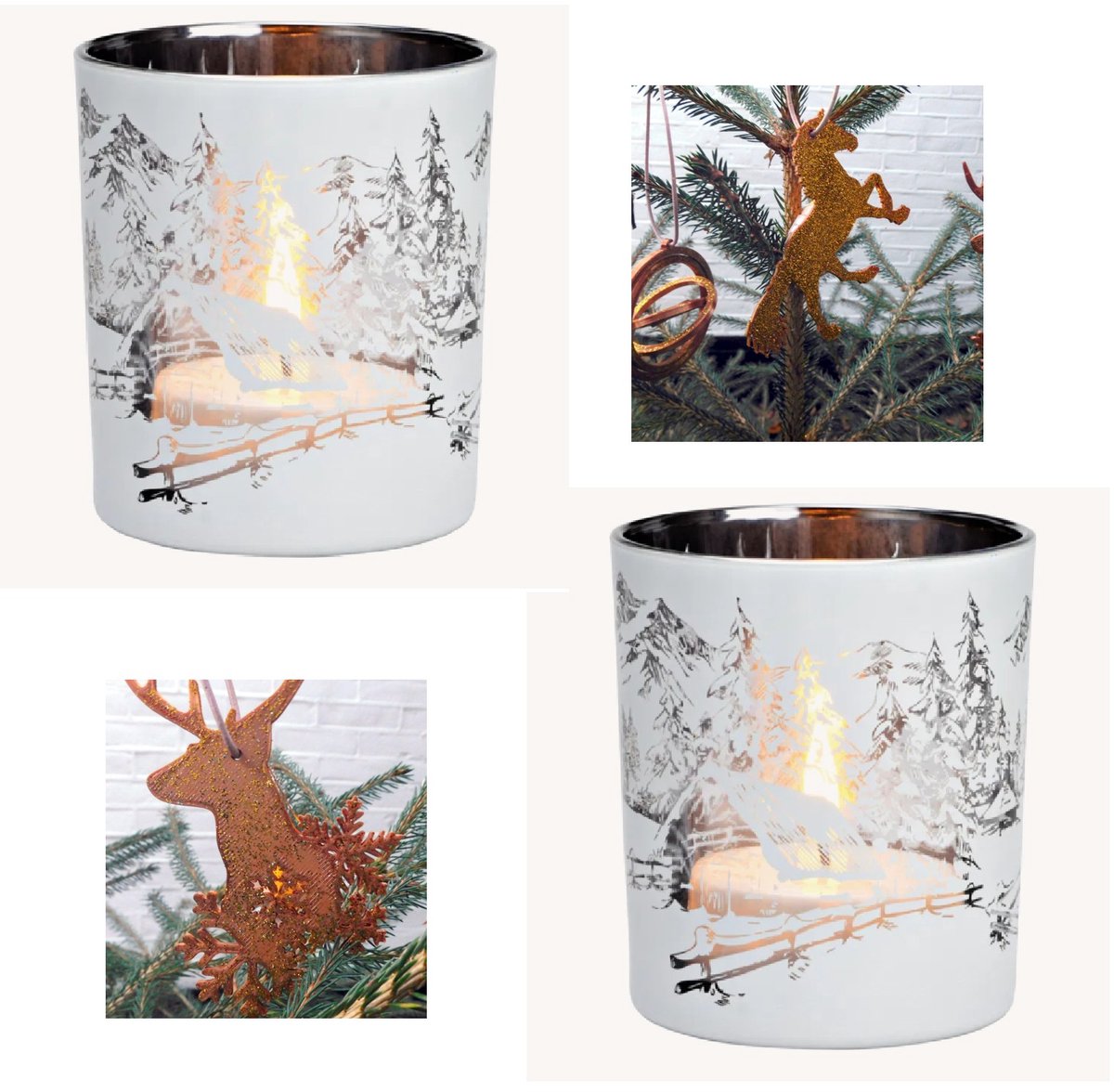 Windlicht / Theelichthouder - Winterbos – Glas Wit – 9×10×9 cm – Set van 2 + Kerstbal-kaarsjes