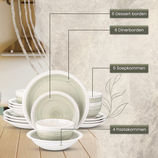 Service de table de Luxe - 16 pièces - 4 personnes - Porcelaine - Service d'assiettes - Assiettes à dîner - Assiettes à dessert - Bols - Bol à pâtes - Beige
