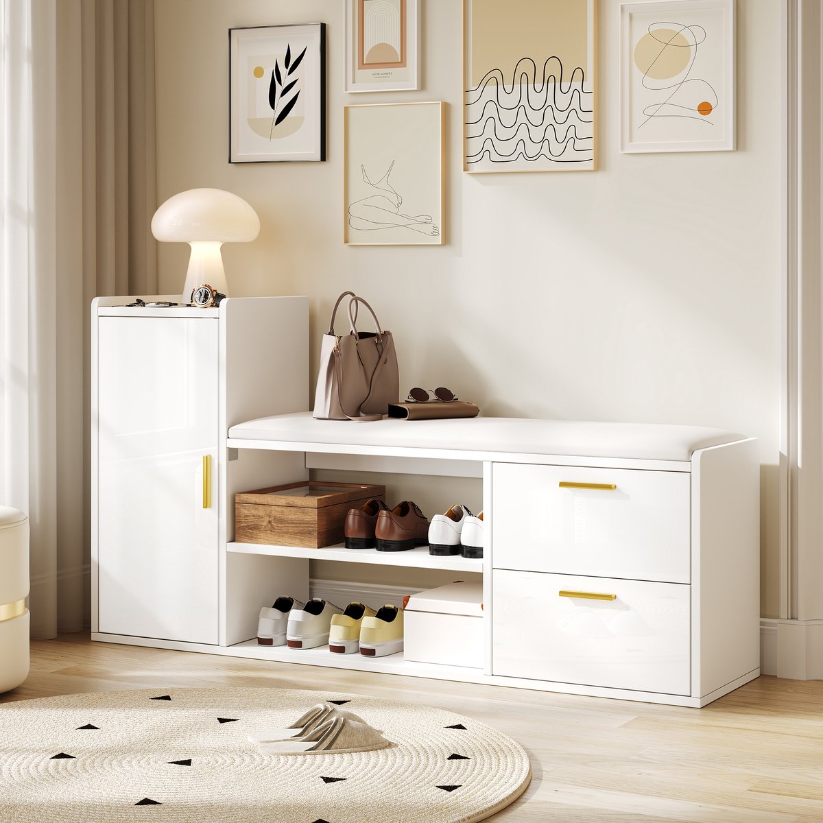 DENMOSTY Multifunctionele Schoenenkast met Bank - Schoenenbank met 2 Lades en 1 Kast - Schoenenrek met Opbergruimte - Halbank met Zitkussen - Hoogglans - Geschikt voor Woonkamer, Hal, Kantoor - Afmeting 128x30x68 cm - Wit